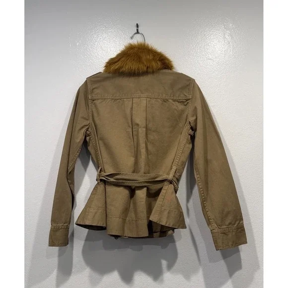 J Crew Peplum Chino Jacket Faux Fur Collar Ridge Khaki Style# H1641 Belted Funky - Picture 5 of 10